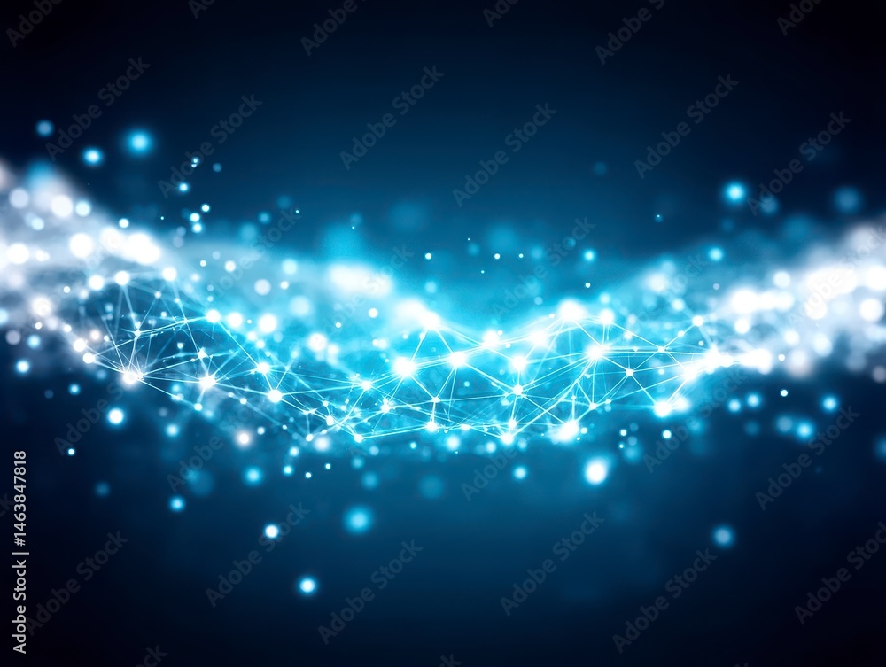 Poster abstract glowing network with blue lights and particles.