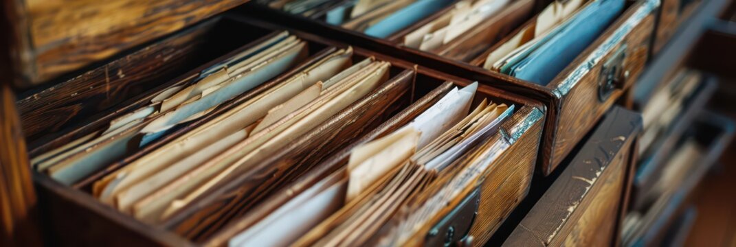 Celebrating international archives day with historical document storage in wooden drawers. Horizontal banner. Copy space. World Library Day