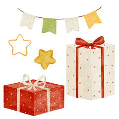 Hand drawn clipart with gift box and flags garland