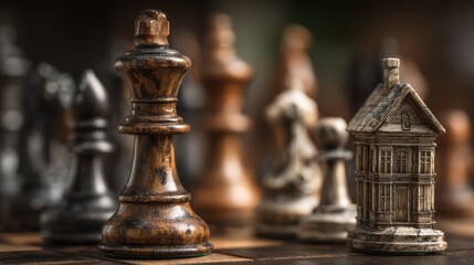 Fototapeta premium Chess game with real estate elements, symbolizing property management strategy
