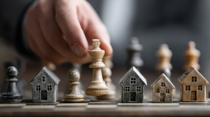 Business competition visualized by businessman playing chess with building and home pieces