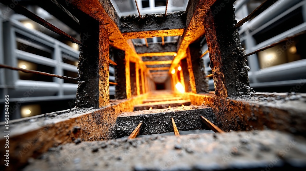 Poster rusty construction site view with glowing light at the end of a tunnel