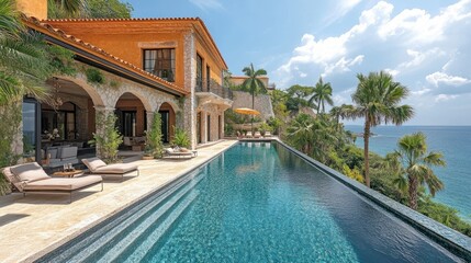 Fototapeta premium Luxury Oceanfront Villa with Infinity Pool in Tropical Paradise