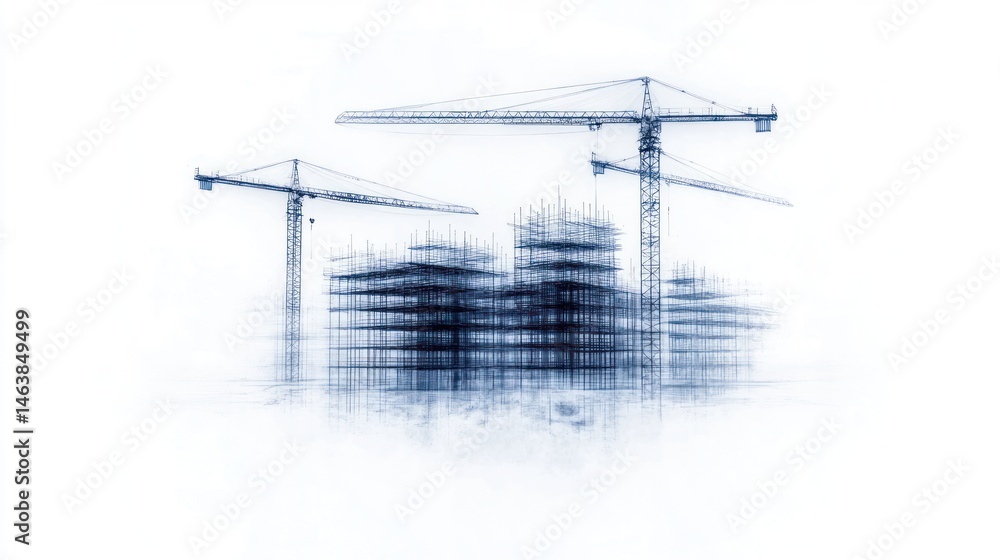 Poster construction cranes and building scaffolding blueprint style