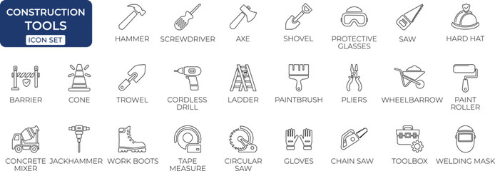 Construction tools line icon set.