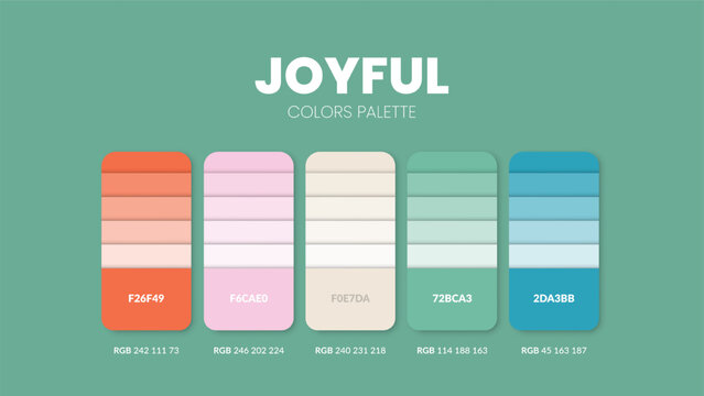 Color palette guide in Joyful vibrant colour theme collections. Color inspiration or chart with codes template. Color combination RGB. Colors swatches for graphic design, art, fashion, web or painting