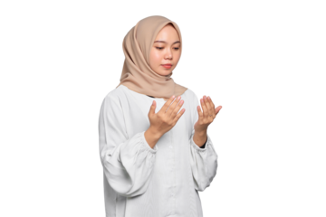 Portrait of Asian Muslim woman praying with open arm isolated on transparent background