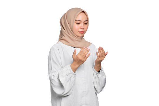Portrait of Asian Muslim woman praying with open arm isolated on transparent background