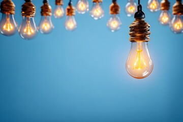 Bright Ideas Illuminated Glowing Lightbulbs Hanging Against Blue Background
