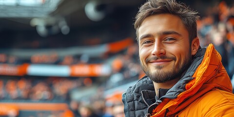 Obraz premium A man in an orange jacket is smiling at the camera