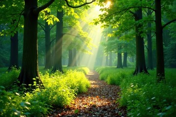 Obraz premium Sunlight dappled path through lush green forest, path, canopy