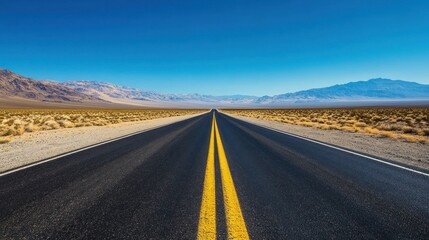 Naklejka premium A long straight highway stretching through the desert under a clear blue sky