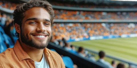 Fototapeta premium A man with a beard and a smile is standing in a stadium with a crowd of people