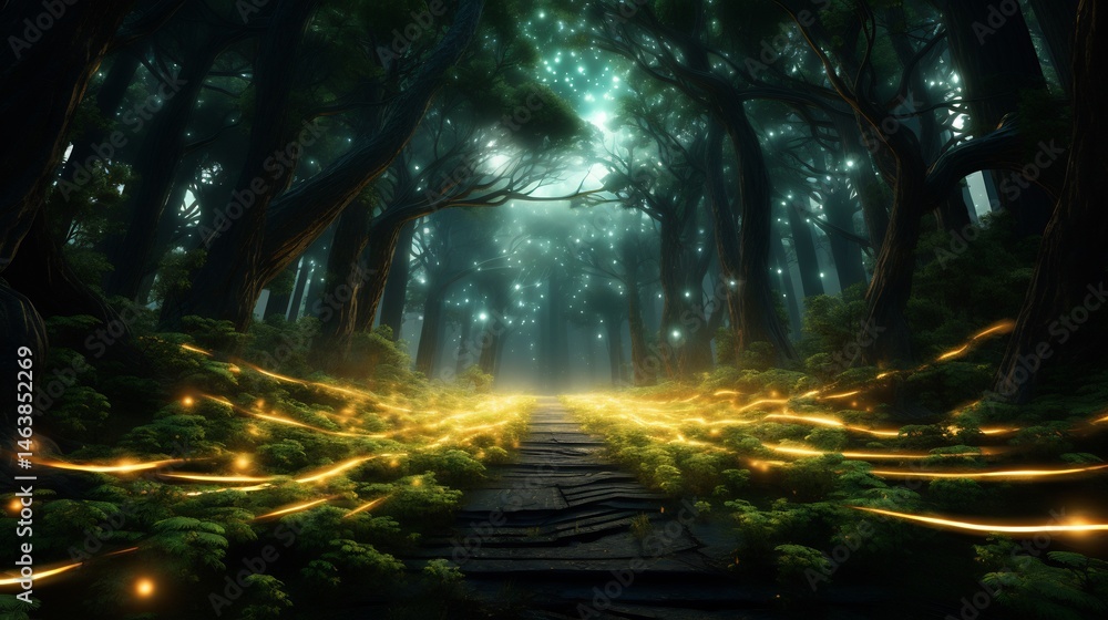 Poster enchanted forest pathway with luminescent trails and mysterious lights