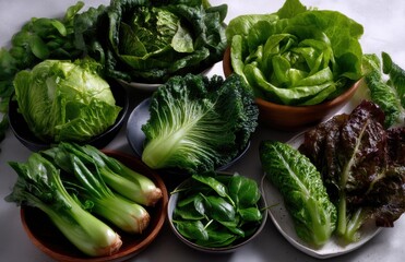 Fresh green and red leaf lettuce and spinach in bowls on grey background