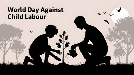 Children planting a future: A World Day Against Child Labour silhouette image.