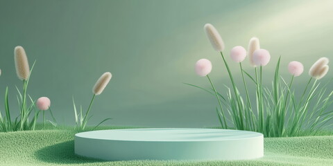 a minimal podium background with grass and pastel flowers