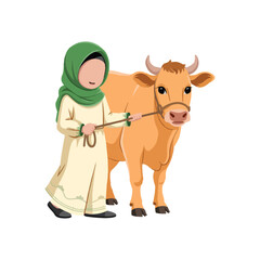 a muslim girl standing with her cow.