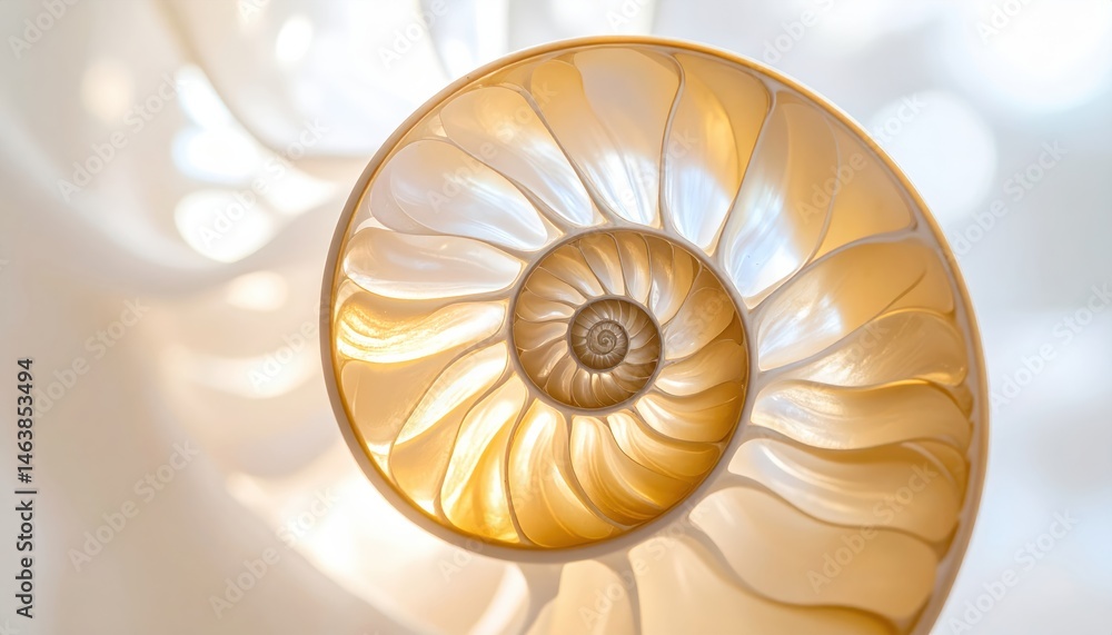 Poster a close-up view of a beautiful nautilus shell showcasing its intricate spiral design and smooth, pea