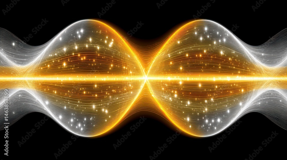 Poster abstract wave pattern with bright lines on a dark background.