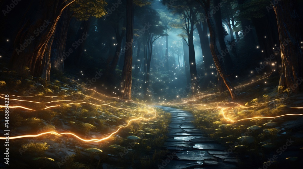 Poster mystical forest path illuminated by ethereal golden streams and glowing orbs