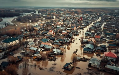 Aerial view of the town after a spring flood in the Donbas region