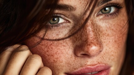 Obraz premium Close-up of a brunette woman in her thirties, with makeup and freckles, softly caressing her cheek