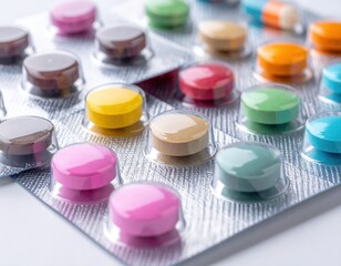 Colorful tablets in blister packs, showcasing a variety of shapes and hues, emphasize modern pharmaceutical packaging and medication