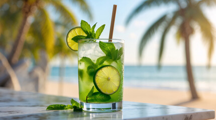 Citrusy lime soda served beachside on marble with glowing sunlight and vibrant summer vibes background Premium Wallpaper Background Summer Stock Photo