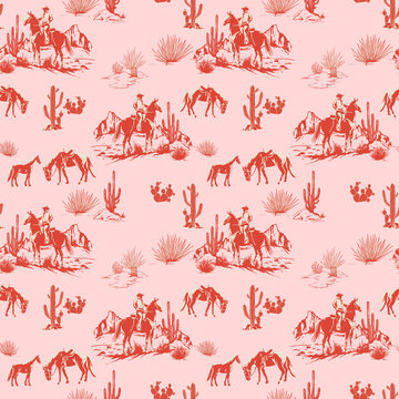Cute Rodeo Cowboys seamless pattern. desert landscape with cacti repeating background. Wild West surface pattern design for All fabric and Prints