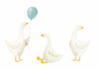 Cute goose. Adorable farm birds in different poses, funny characters. Childish print, kids textile and nursery decor. Stickers set. Watercolor cartoon flat isolated illustration