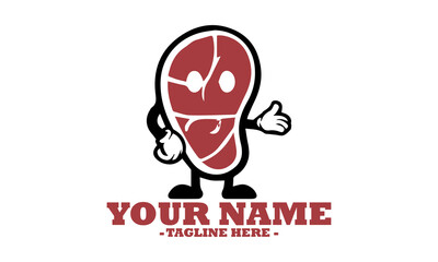 food piece meat funny cartoon face, mascot cartoon healthy food piece of meat vector Icon and sticker of a meat cartoon character logo design