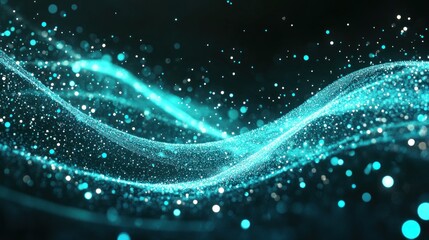 Teal glittering particle waves abstract background