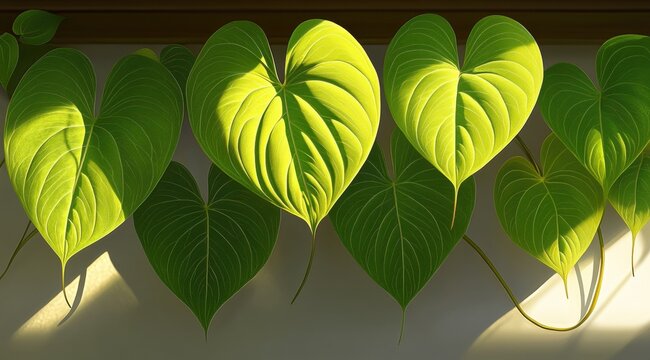Heart-shaped leaves in sunlight, hanging from a wall.  Detailed close-up of vibrant green foliage with light and shadow effects - Powered by Adobe