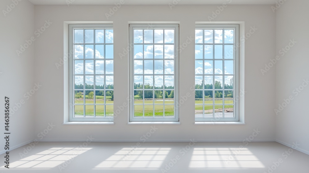 Poster bright minimalist room with three large windows and field view