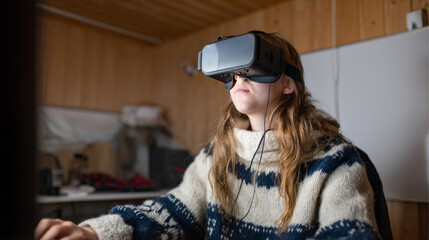 A young Caucasian woman in virtual reality headset explores digital realms, embodying Cyber Monday spirit and embracing Nordic knit warmth