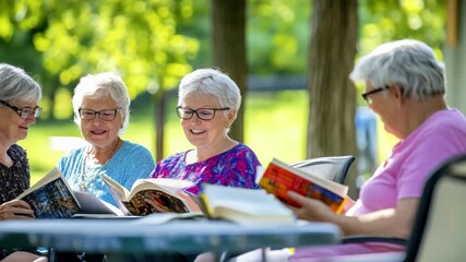 Elderly woman and senior friends reading book outdoors in park enjoying leisure happiness with glasses friendship peaceful sunny day nature relaxation social activity - Powered by Adobe