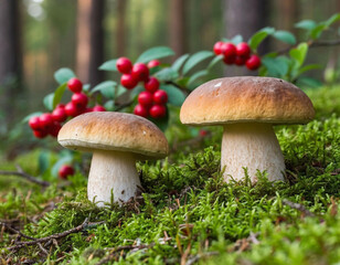 Mushrooms close-up boletus in the forest. Generated by AI.