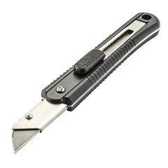 Utility knife with retractable blade on a black background.