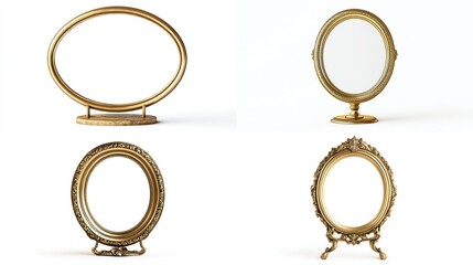 Gold-toned oval and round picture frames on stands