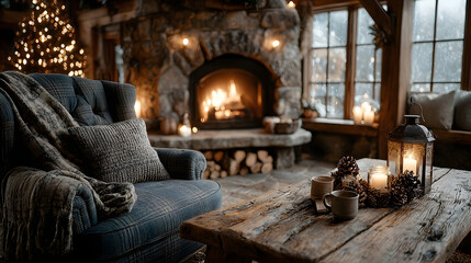 Cozy Christmas Living Room Fireplace, Candles, and Winter Wonderland