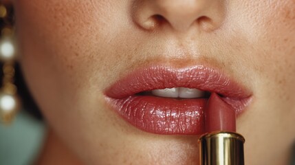 Close-up of a woman in her thirties applying lipstick, her skin clear and smooth, with earrings adding a touch of elegance