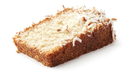 A slice of dairy-free coconut cake on a white background