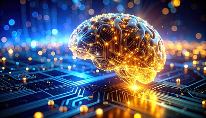 A glowing brain with circuitry elements, set against a blue background filled with sparkling lights, symbolizes the fusion of technology and intelligence