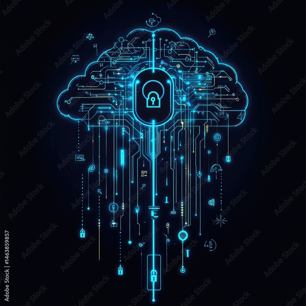 Poster secure cloud infrastructure, intricate network of data streams, and digital security