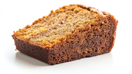 A slice of eggless banana cake on a white background