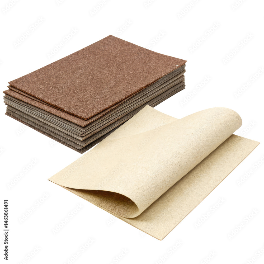 Poster stack of textured paper sheets in various colors, some rolled out for display.
