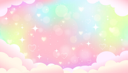 Unicorn background with pastel pink sky cloud silhouette, star, love pattern, glitter sparkle and bokeh. Gradient space landscape, kawaii or mermaid holographic rainbow backdrop for kids coloring book