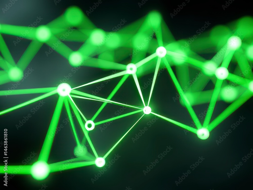 Poster abstract green network design with glowing nodes and connections.