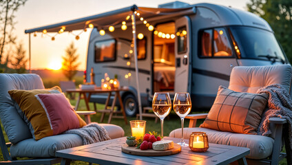 Romantic Glamping Sunset: Wine & Cheese by Luxury Camper Van with Cozy Lights. Hygge Van Life Escape, Outdoor Living Experience. 